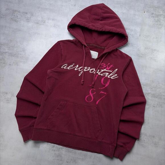 Y2K Burgundy Aeropostale Grunge Skater Distressed Hoodie - Picture 2 of 7